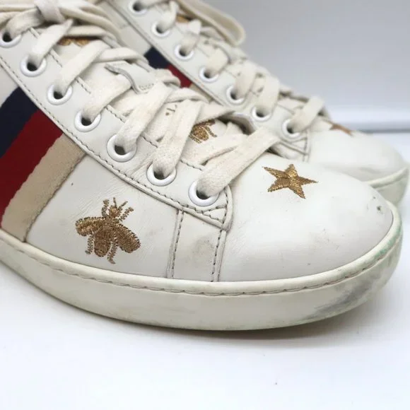 GUCCI ACE BEES & STARS EMBROIDERED SNEAKERS WHITE LEATHER SIZE 35.5 (Runs Large) - Picture 4 of 12